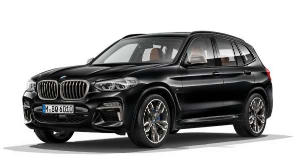 BMW X3 M40i і BMW X3 M40d, вид спереду з поворотом в три чверті. BMW X3 M40i і BMW X3 M40d в Black Sapphire металік, екстер'єр, вид спереду з поворотом в три чверті.