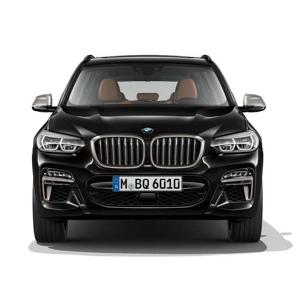 BMW X3 M40i та BMW X3 M40d, вид спереду. BMW X3 M40i та BMW X3 M40d у Black Sapphire металік, екстер’єр, вид спереду.