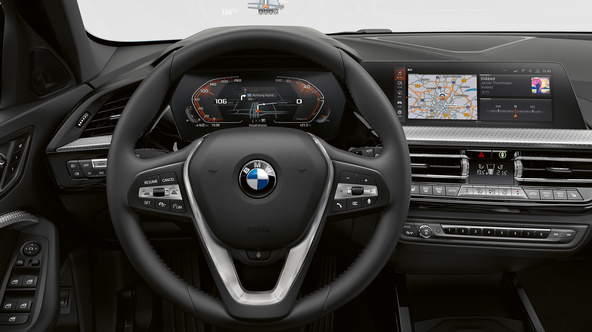 Спортивне шкіряне рульове колесо. BMW 1 серії модель Luxury Line, кабіна зі спортивним шкіряним рульовим колесом.