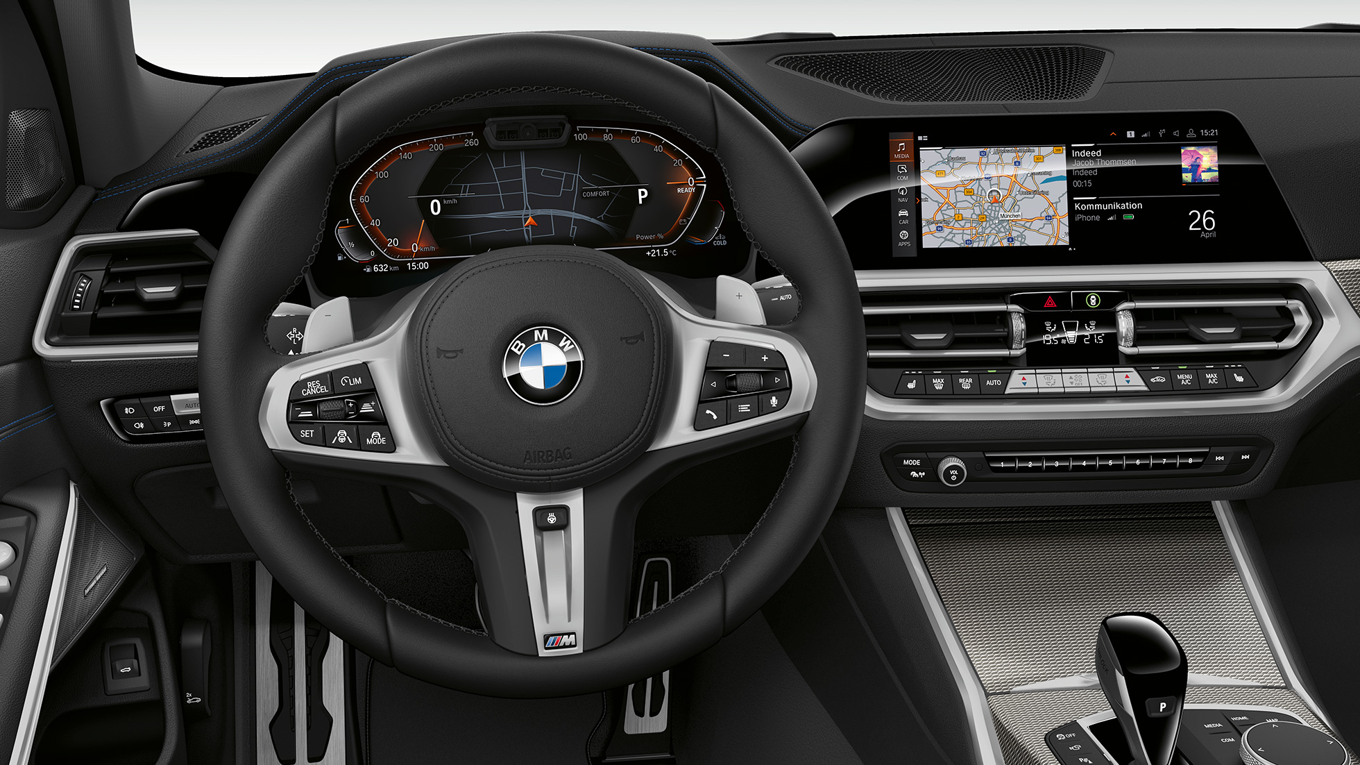 BMW 3 серии Седан, кабіна Sport Line. Вид спереду на кабіну водія седана BMW 3 серії Sport Line крупним планом.