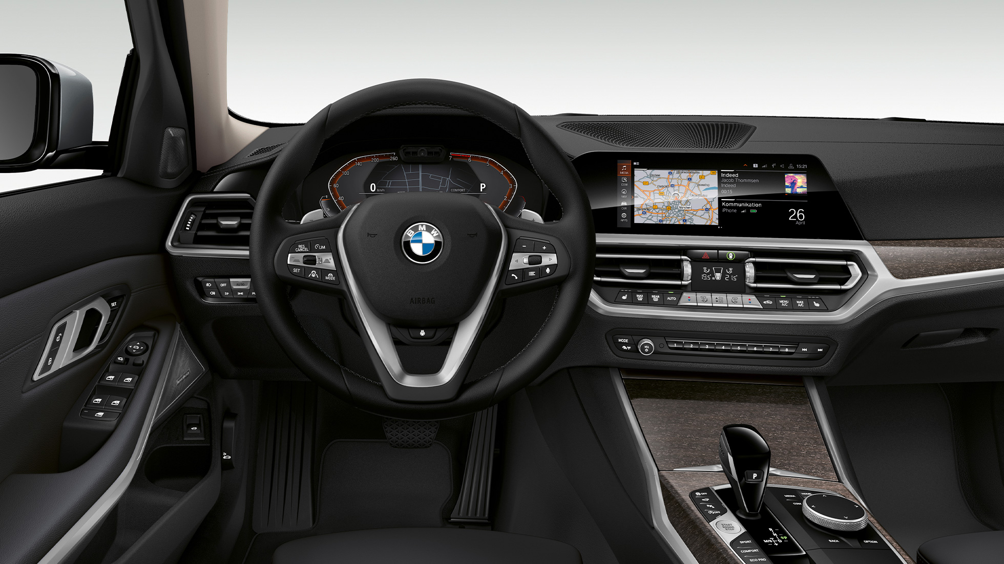 BMW 3 серии Седан, кабіна Luxury Line. Вид спереду на кабіну водія седана BMW 3 серії Luxury Line крупним планом.