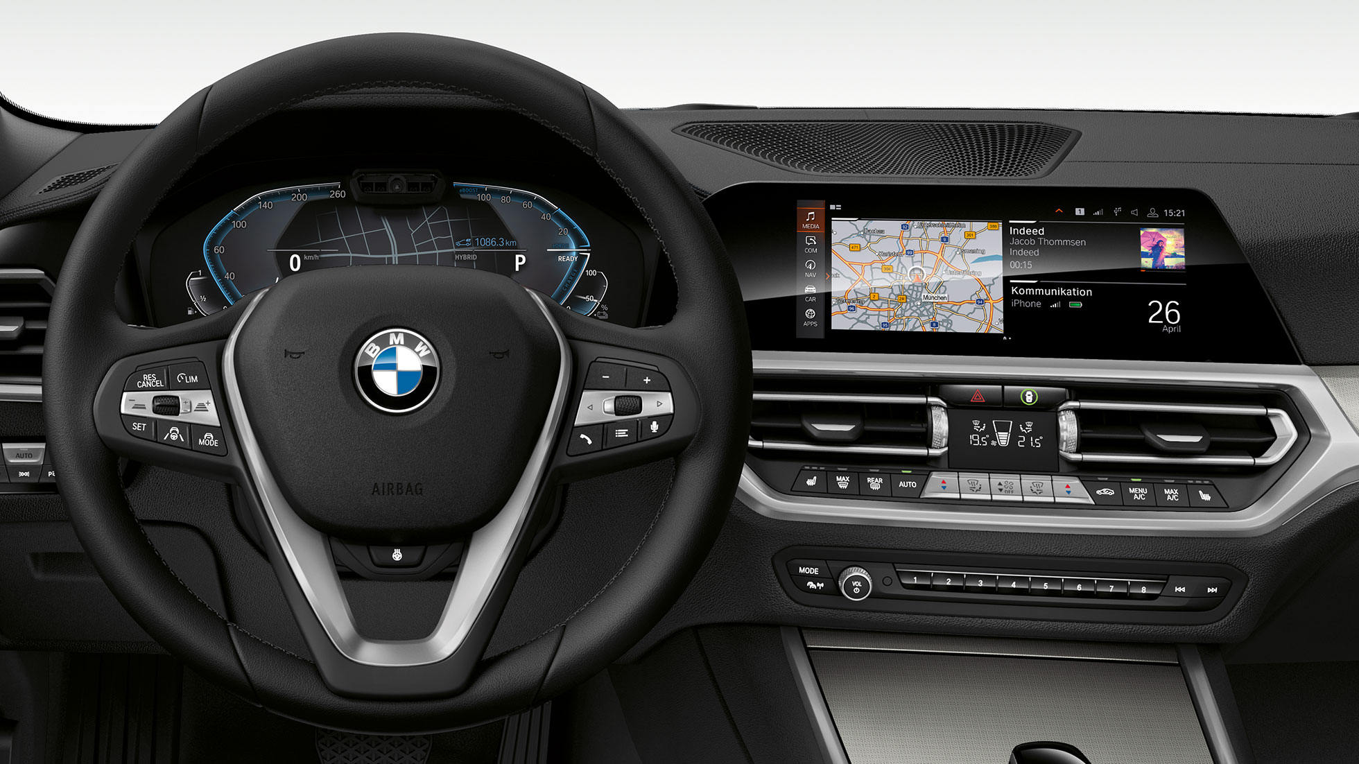 BMW 3 серии Седан 330e, кабіна. Детальний вид спереду на кабіну седана BMW 3 серії з дисплеєм і.