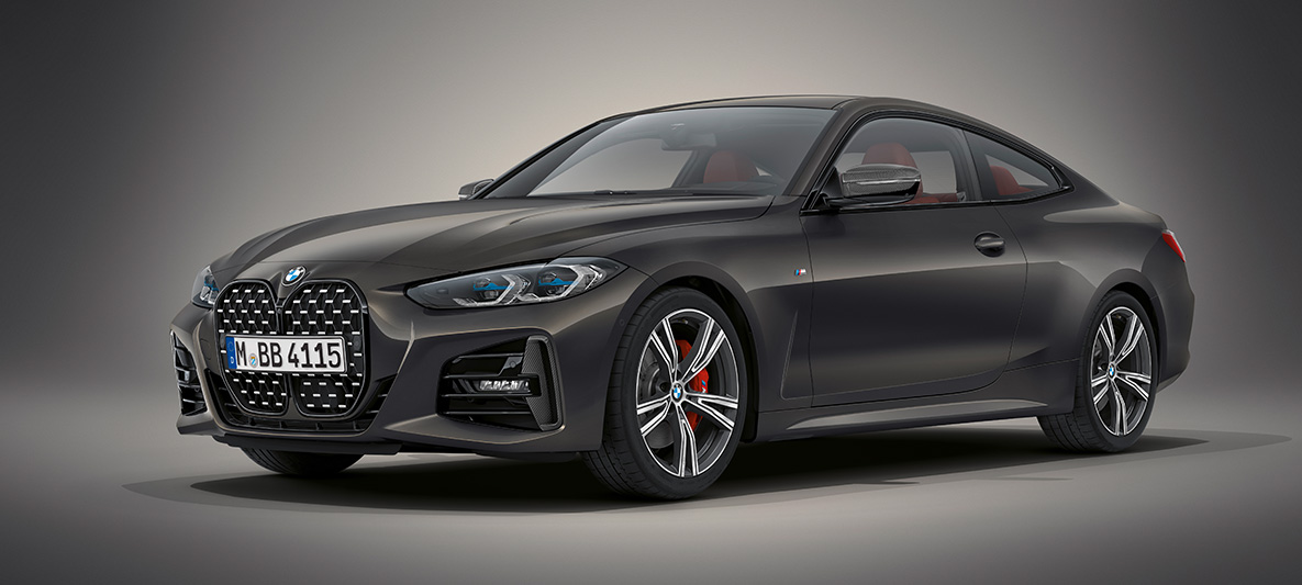 BMW Individual Dravite grey металік BMW 4 серії Coupé G22 2020 BMW 4 серії Coupé Individual Dravite grey металік G22 2020 вид спереду з поворотом в три чверті стоячи на місці