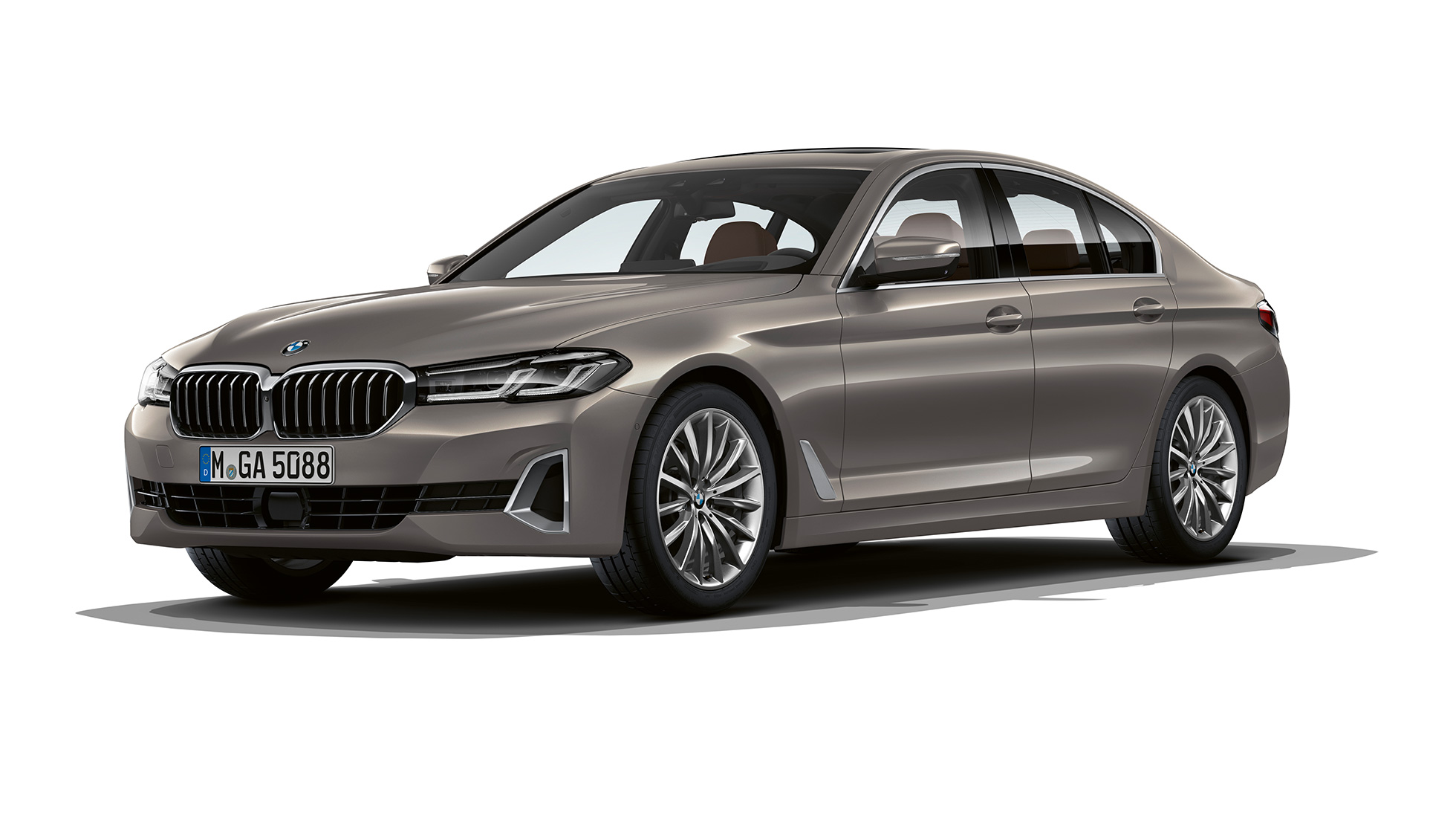 BMW 5 серії Седан G30 Luxury Line спереду BMW 5 серії Седан 520d xDrive G30 2020 Luxury Line кольору Bernina Grey з видом на три чверті спереду