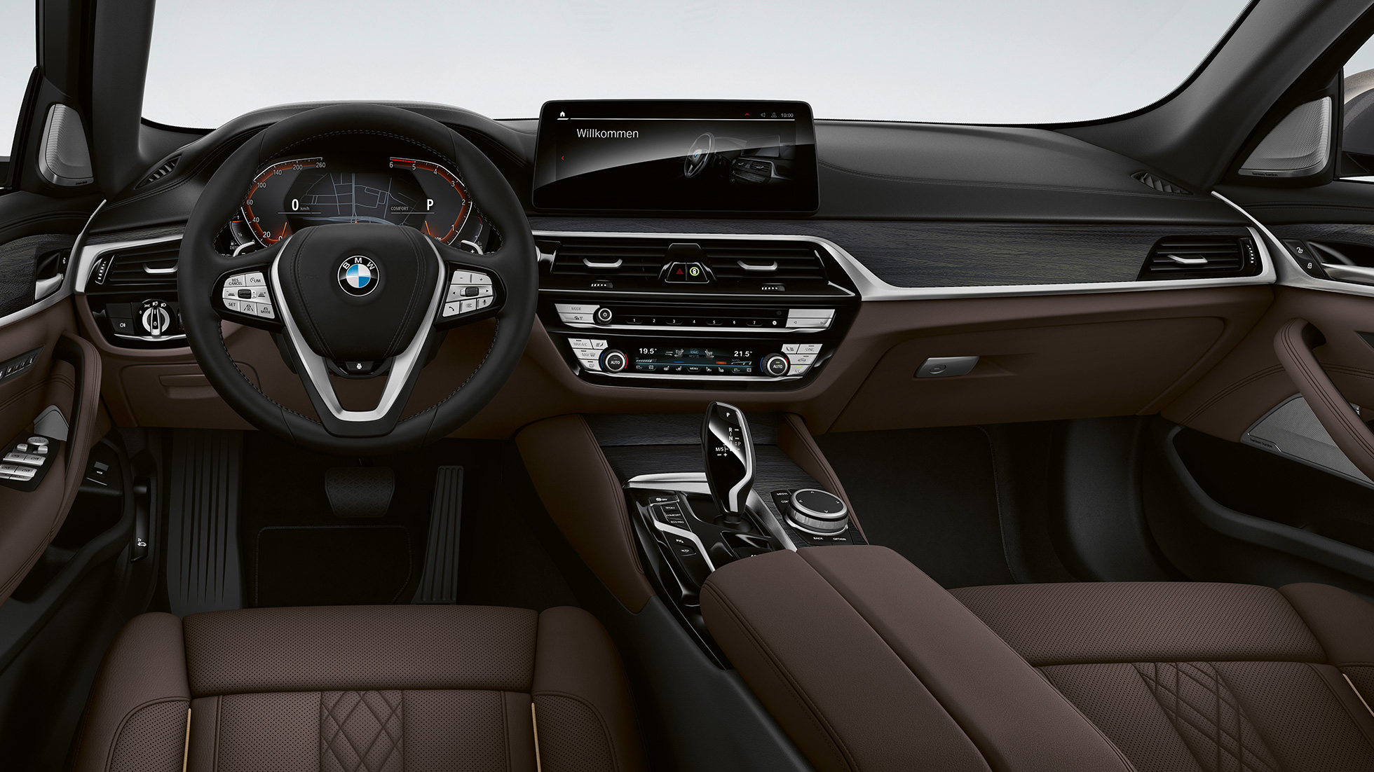 Кокпіт BMW 5 серії Седан G30 Luxury Line BMW 5 серії Седан 520d xDrive G30 2020 Luxury Line Ексклюзивна шкіра Nappa кольору Mokka й ексклюзивна прострочка з контрастною окантовкою в салоні