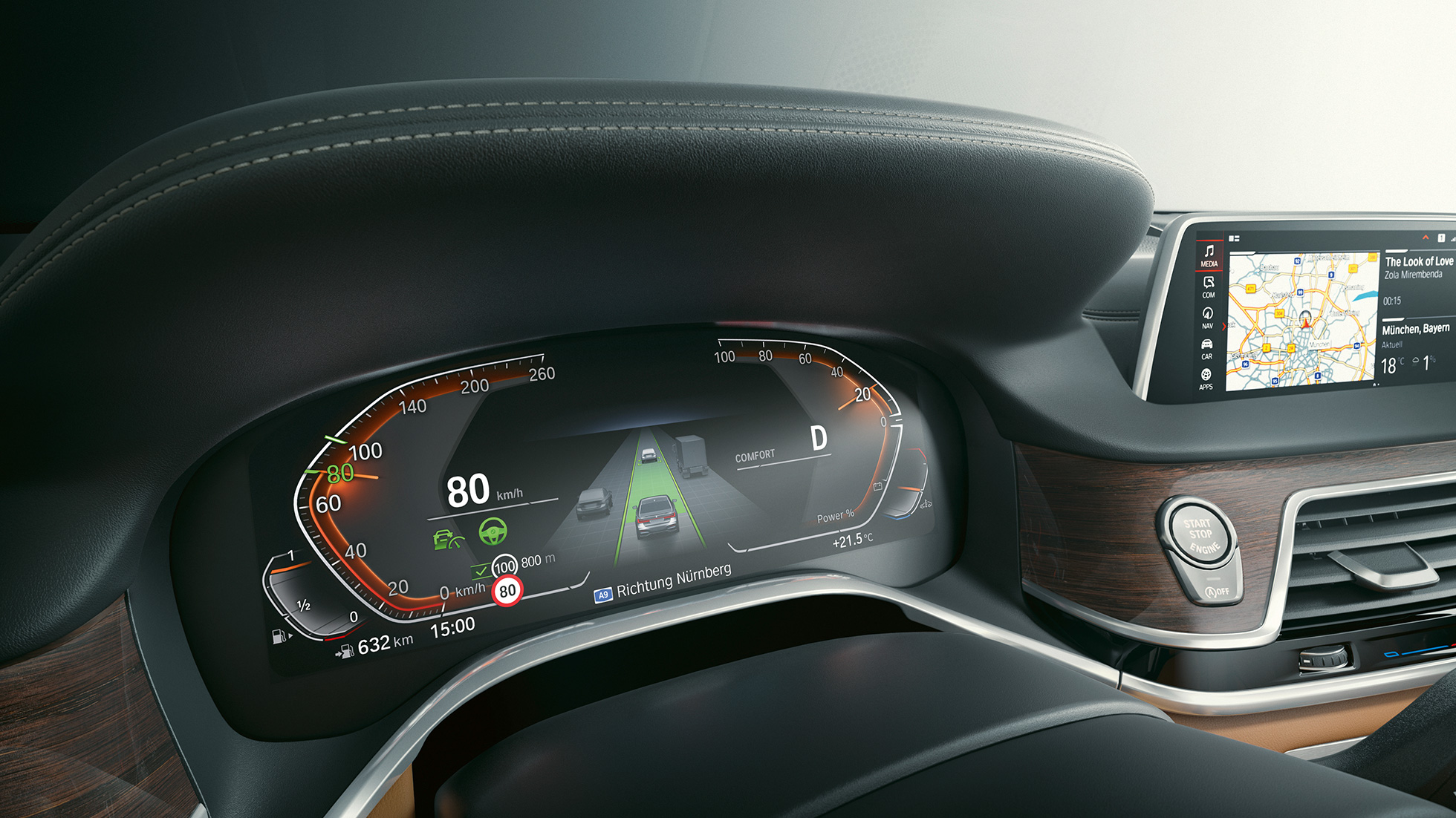 BMW 7 серії Седан: BMW Live Cockpit Professional. BMW 7 серії Седан: крупний план приладової панелі BMW Live Cockpit Professional.