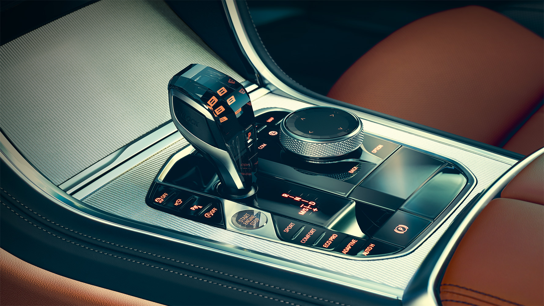 Скляна обробка деталей інтер'єру BMW 8 серії Coupe Скляна обробка деталей інтер'єру BMW 8 серії Coupe крупним планом.