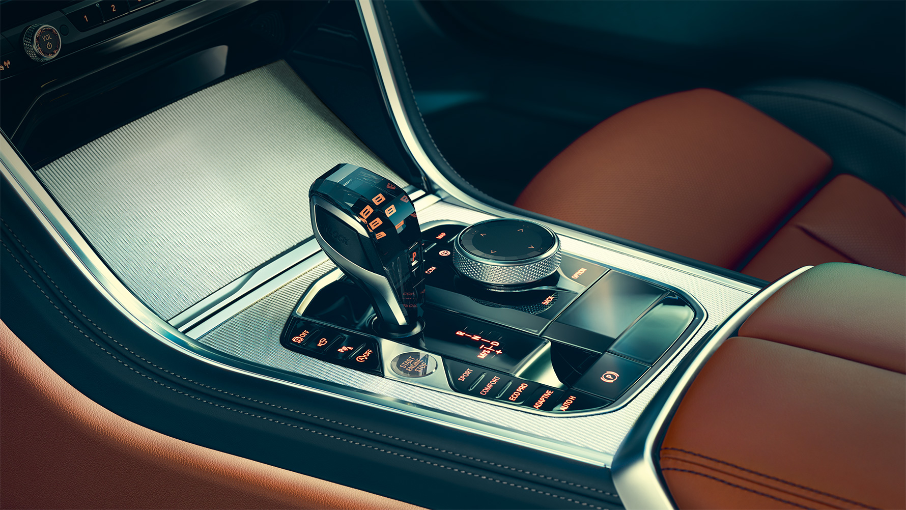 BMW 8 серії Coupe, центральна консоль Інтер'єр BMW 8 серії Coupe крупним планом з фокусом на центральну консоль.