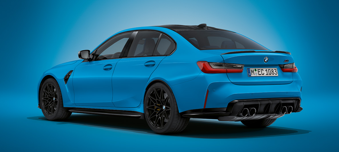 BMW M3 Седан BMW Individual Mexico Blue metallic G80 2 021 три чверті ззаду, нерухомо BMW M3 Седан BMW Individual Mexico Blue metallic G80 2 021 три чверті ззаду, нерухомо