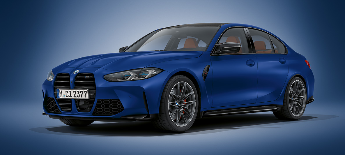 BMW у кольорі Individual Frozen Dark Grey Blue metallic BMW M3 Седан G80 2020 BMW М3 Седан у кольорі BMW Individual Brooklyn Grey metallic G80 2020 з видом на три чверті спереду нерухомий