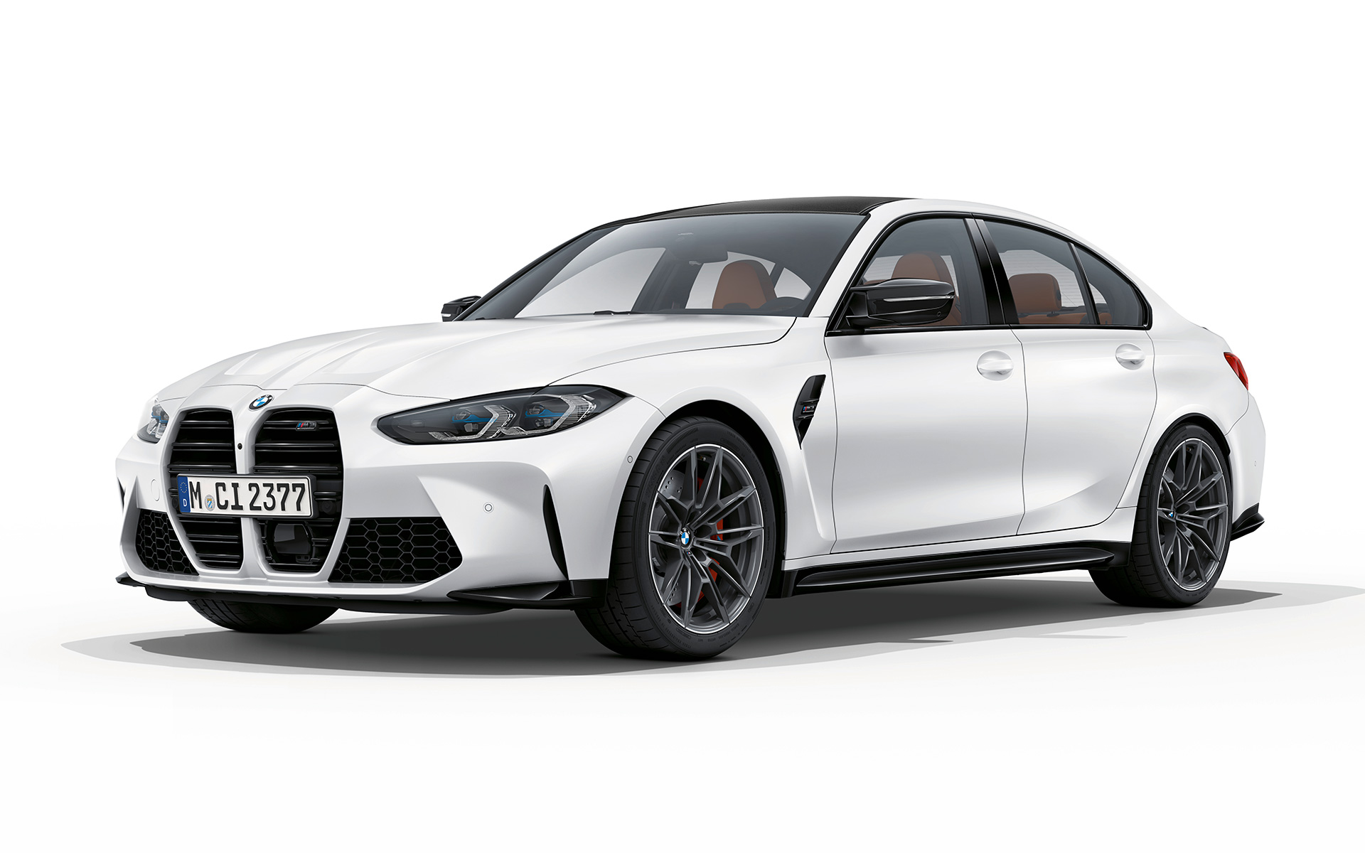 BMW M3 Competition G80 2020 у кольорі Frozen Brilliant White metallic, вид спереду в три чверті
