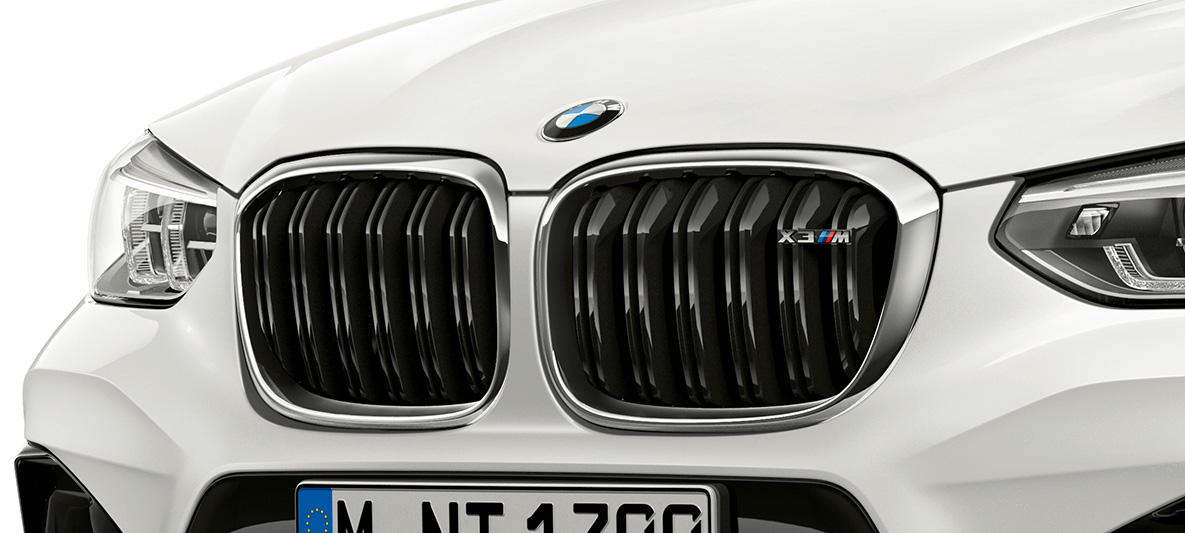 BMW X3 M, решітка радіатора М. BMW X3 M в Alpine White, екстер'єр, передня частина, решітка радіатора M з хромованими вставками і позначенням моделей.
