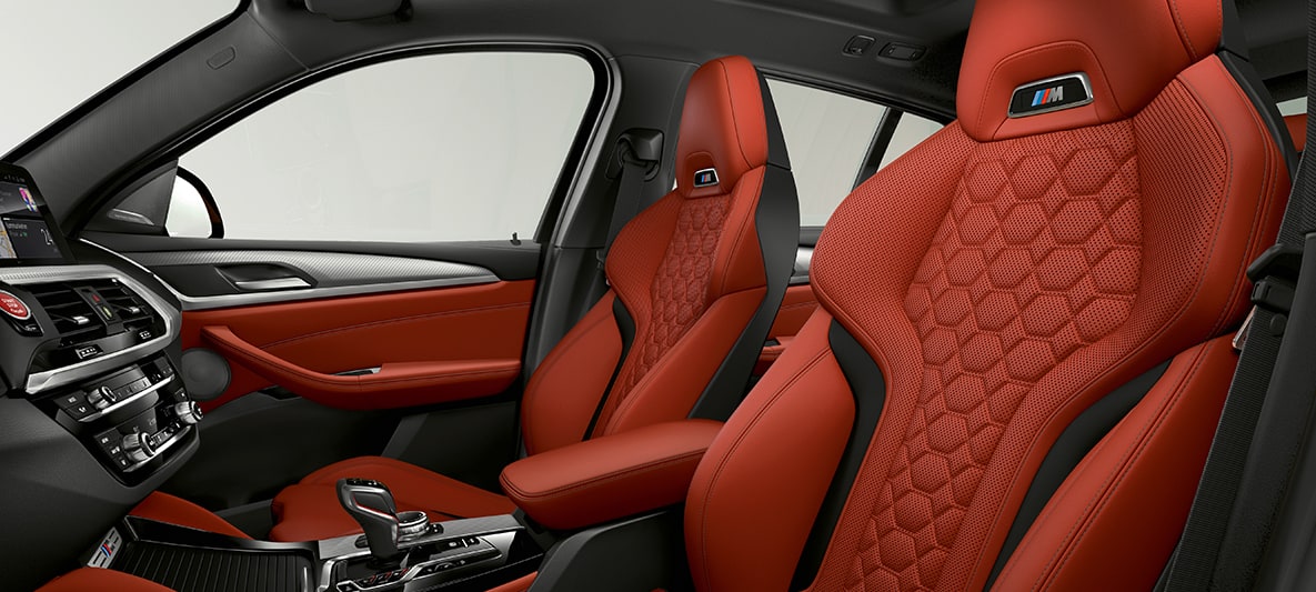 BMW X4 M, спортивные сиденья в коже “Merino” Sakhir Orange. BMW X4 M, салон, спортивные сиденья в коже “Merino” Sakhir Orange.