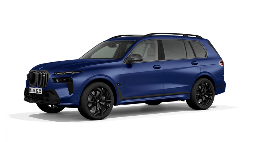 BWM X7 M60i xDrive G07 LCI Frozen Marina Bay Blue вид збоку перед гірським пейзажем BWM X7 M60i xDrive G07 LCI Frozen Marina Bay Blue вид збоку на місці перед гірським пейзажем