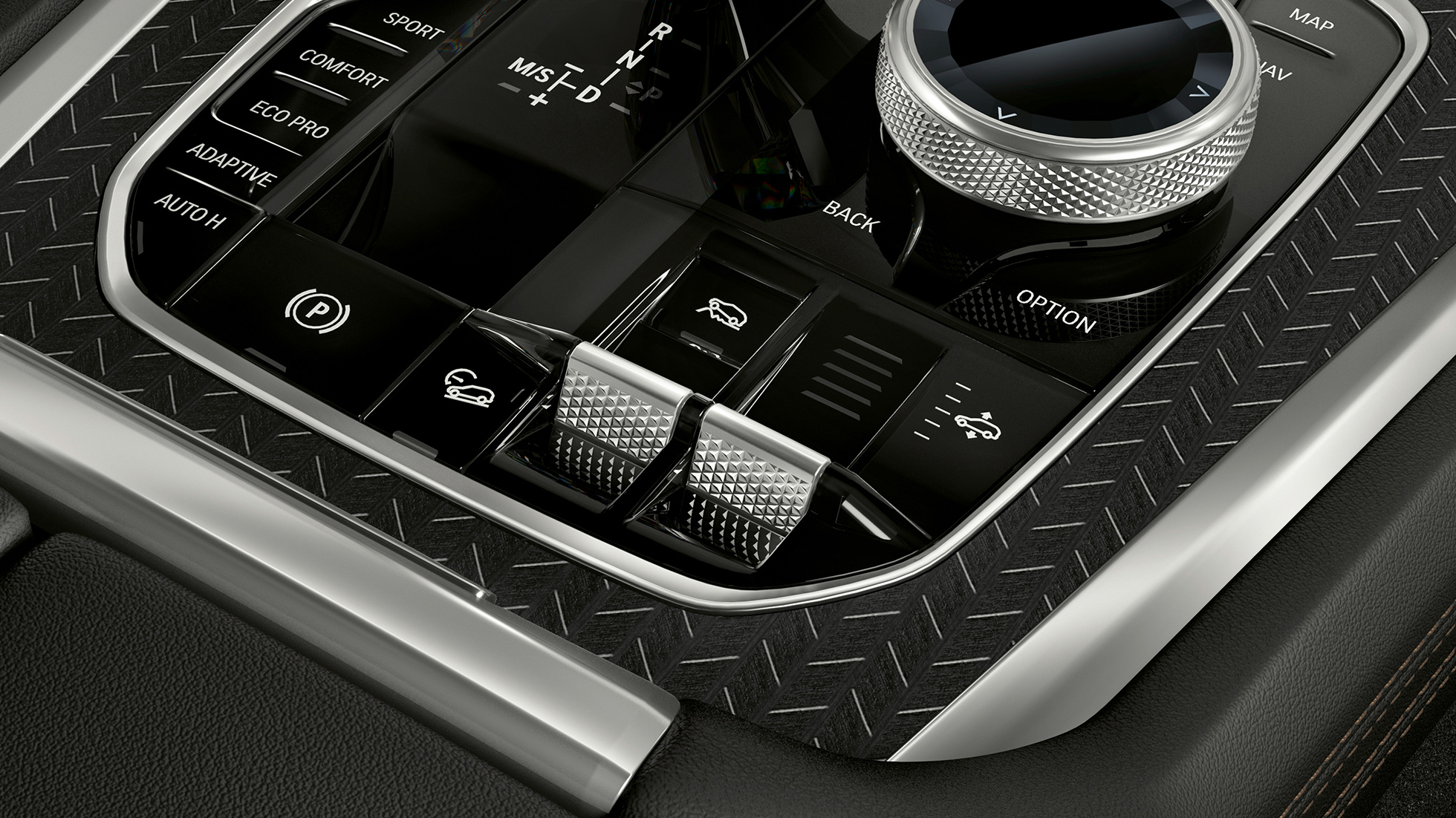 Центральна консоль BMW X6. Крупний план салону BMW X6 з видом на центральну консоль.