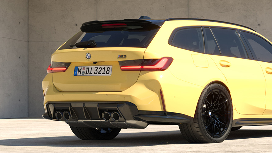 BMW M3 Competition M xDrive Touring G81 2022 BMW Individual Dakar Yellow три чверті вид ззаду стоїть
